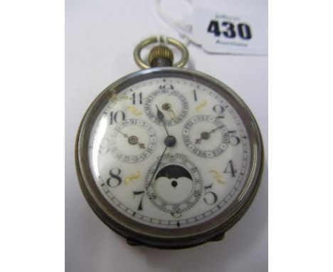 CHRONOGRAPH POCKET WATCH, enamel faced chronograph fob watch with 4 secondary dials a/f