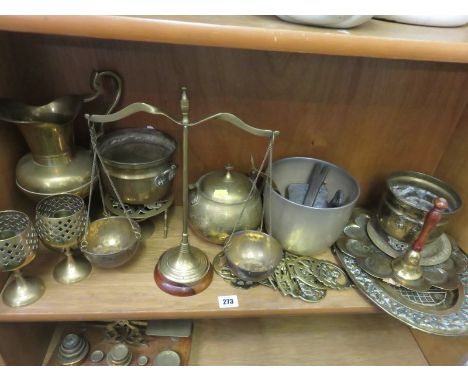 BRASSWARE, balance scales and horse brasses and shelf of assorted metalware