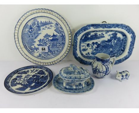 TRANSFERWARE, miniature blue transferware tureen under plate, also Copeland Spode pierced border tea plate a/f and 4 other pi