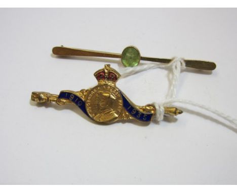 BAR BROOCHES, 9ct gold bar brooch set an oval peridot, also 1910-35 enamel Jubilee brooch