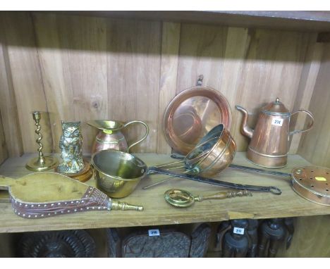 METALWARE, 3 graduated copper strainers, brass owl, coffee pot and shelf of assorted metalware