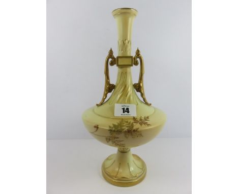 ROYAL WORCESTER PEACH GROUND, a gilt fern decorated twin handled pedestal 10.5" vase, pattern 1491