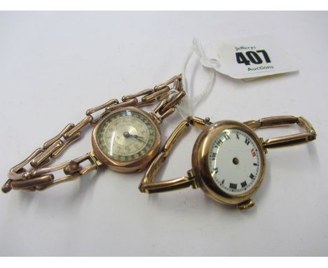 VINTAGE GOLD CASED WRIST WATCHES, silver and enamelled face gold cased wrist watch and 1 other wrist watch a/f