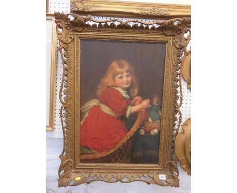 ENGLISH SCHOOL, oil on canvas, "Portrait of Young Girl in red dress with doll and needlework", 23" x 15.5"