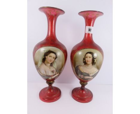 BOHEMIAN GLASS, pair of gilt heightened ruby glass pedestal vases, each decorated with portrait plaque, 12.25" height
