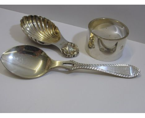 SILVER CADDY SPOON, silver shell bowl caddy spoon, makers DH & S Birmingham, also 1 other silver spoon & modern heavy silver 