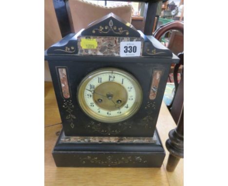 VICTORIAN BRACKET CLOCK, inlaid black marble architectural design mantle clock, coiled bar strike, 12.5" height