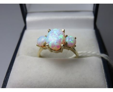 OPAL RING, 3 stone opal ring on 9ct yellow gold mount, size P