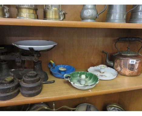 METALWARE, Victorian copper kettle, cast iron kitchen scales and weights and 3 enamel chamber sticks