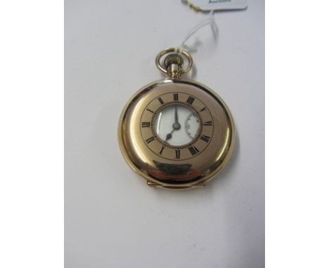 GOLD HALF HUNTER, 9ct gold cased half Hunter pocket watch with enamelled face and secondary dial, retailed by Wilkinson of Lo