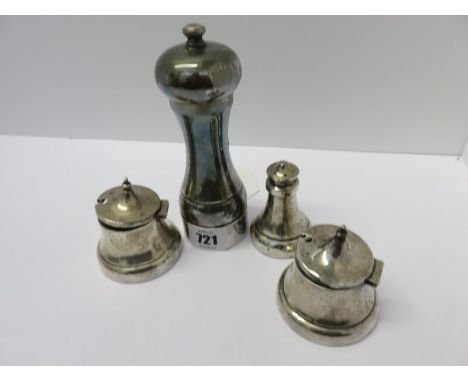 SILVER PEPPER GRINDER & 3 pieces of HM silver condiment ware