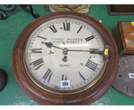 VICTORIAN SCHOOL CLOCK, oak circular surround hanging wall clock by Thomas Moore of Derby, 16" height