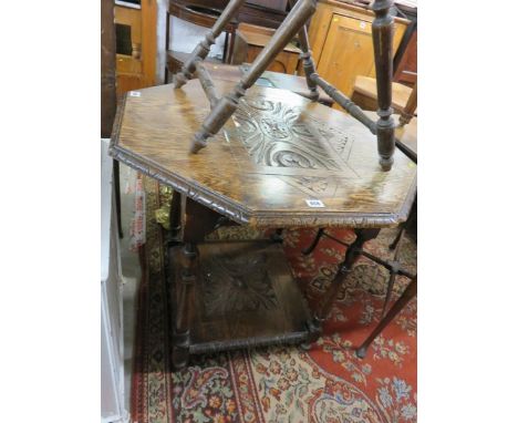 FLEMISH CARVED OAK OCTAGONAL OCCASIONAL TABLE, square shelf base, 30" width