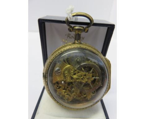 GEORGIAN FUSEE POCKET WATCH, unusual gilt and glass framed pocket watch, the fusee mechanism engraved "Creon London" with whi