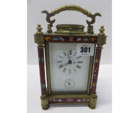 CARRIAGE CLOCK, champleve cased bevelled glass repeater carriage clock, 18" height