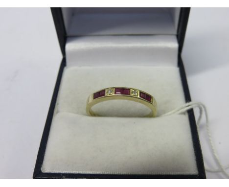 RUBY & DIAMOND RING, 9ct yellow gold ring set 3 rectangular form rubies with 2 diamonds, size R