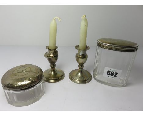 VANITY JARS, 2 HM silver lidded vanity jars and pair silver dressing table candlestick a/f