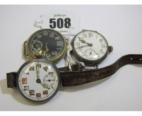 WRIST WATCHES, 2 vintage silver cased wrist watches with Arabic numerals, also a black dial military wrist watch