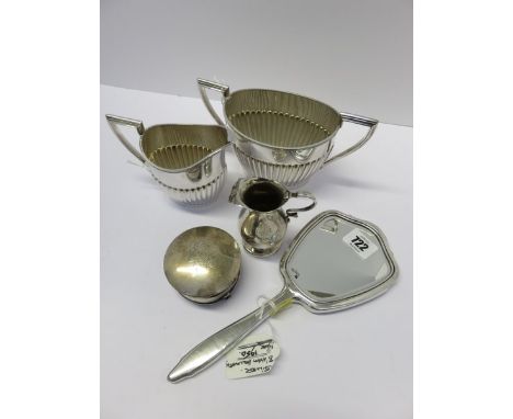 SILVER BACKED HAND MIRROR, cream jug, ring box a/f and Walker & Hall plated sucrier and milk jug