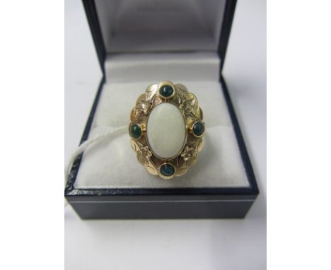 ANTIQUE OVAL DRESS RING, set an oval white opal surrounded by 4 agate in gold mount (marks worn) size O/P