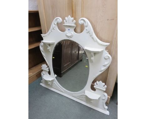 PAINTED OVERMANTLE, swan neck pediment multi shell surround, bevelled glass overmantle, 46" height 40" width