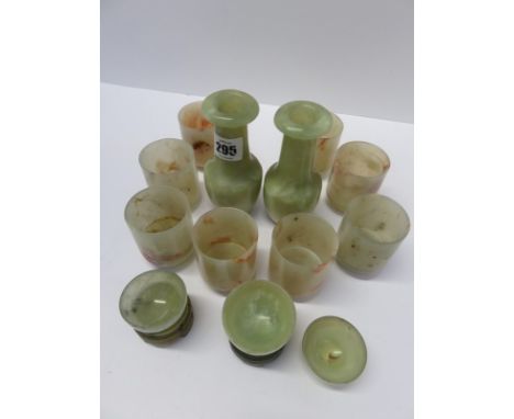 EASTERN JADE, collection of jade and similar turned hardstone table ware to include a set of 8 beakers, 3 sake bowls and pair