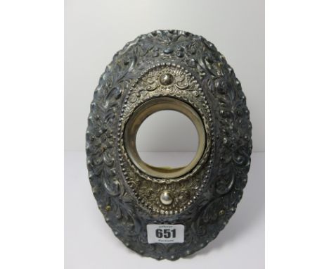 SILVER CLOCK CASE, HM silver floral and foliate embossed oval easel support clock case surround, possibly London 1893, 8.5" h