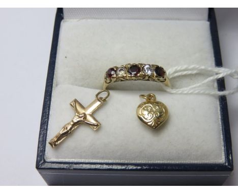 RUBY RING, 9ct gold ruby ring, size J, also yellow metal cross and pendant