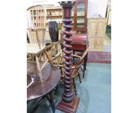 QUALITY MAHOGANY LAMP STANDARD, A quality mahogany lamp standard on a barley twist support and square form base with brass fi