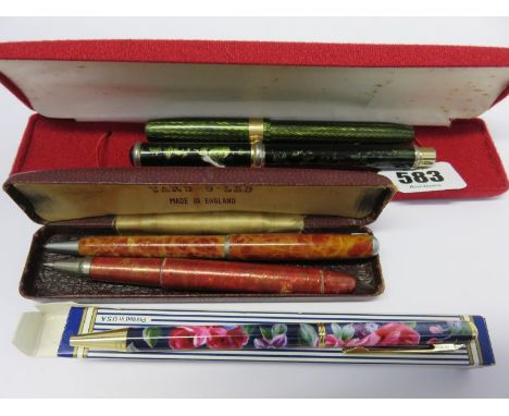 FOUNTAIN PENS, 2 fountain pens with mottled cases, 1 with 14ct gold nib, 2 vintage biros and 1 other pen