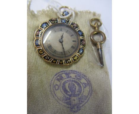 FRENCH POCKET WATCH, fine gold and enamel French shell form key wind pocket watch with silvered dial 