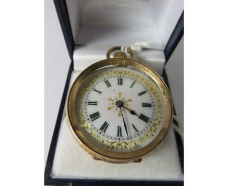 LADIES POCKET WATCH, ladies 14ct gold cased foliate engraved pocket watch with white enamel dial 