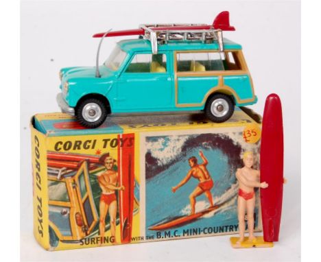 Corgi Toys, 485 Mini Countyman with surfer, sea green body with lemon interior, 2 surfboards on roof-rack with surfer figure,