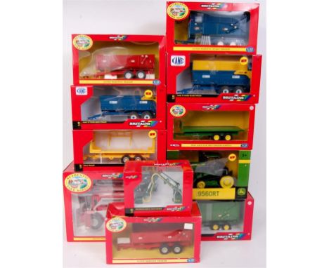 11 modern issue Britains tractor and farming implement diecast group, all appear to be boxed as issued to include; MF 7200 co