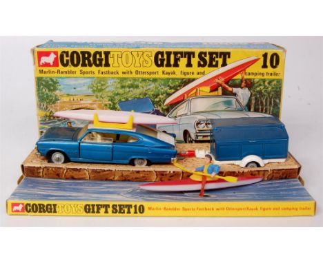 Corgi Toys, gift set 10, martin Rambler camping set comprising of metallic blue and white Martin Rambler Sports Fastback with