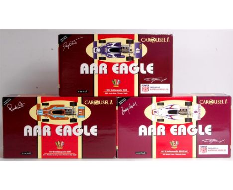 Three boxed Carousel 1, 1/18th scale Indy 500 Car group to include; No.4704 Jerry Grant AAR Eagle, No.4706 Bobby Unser AAR Ea