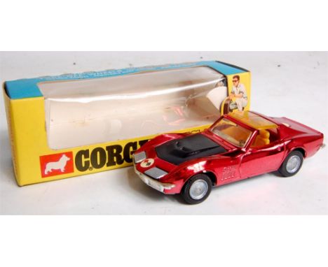 Corgi Toys, 300 Chevrolet Corvette Stingray, metallic red body with black bonnet, in the original blue and yellow window box,