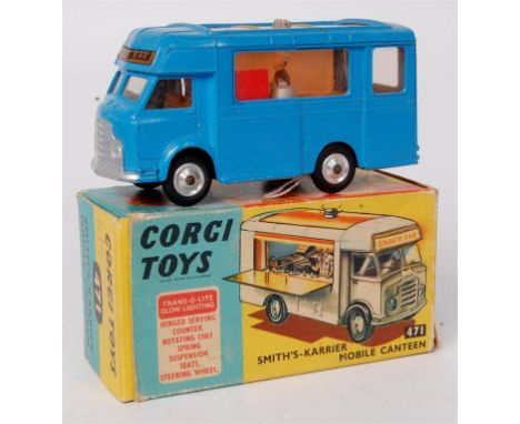 Corgi Toys, 471 Karrier Bantam snack bar, blue and white body with Joe's Diner livery, some fading to transfers, with figure,