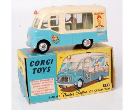 Corgi Toys, 428 Smiths Mister Softee ice cream van, blue and cream body with ice cream server figure, Mister Softee transfers