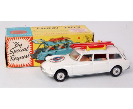 Corgi Toys, 475 Corgi Ski Club Citroen Safari, white body with red roof rack, 4 skis and 2 poles, with figure, brown and gree