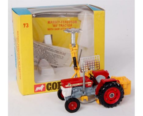 Corgi Toys, 73 Massey Ferguson tractor and saw, red and white body with grey engine, red hubs, with yellow saw attachment, in