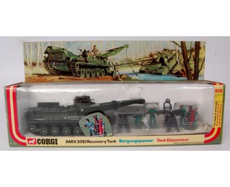 Corgi Toys, 908 French AMX recovery tank comprising of recovery tank with crane and dozer blade, with equipment and 3 figures