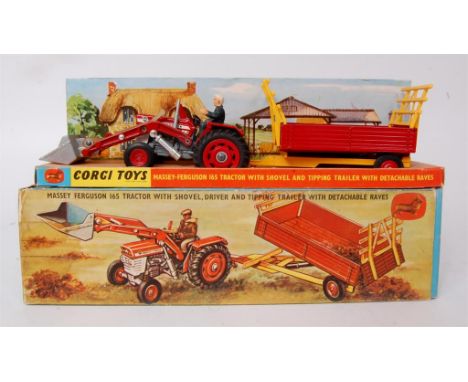 Corgi Toys, gift set 9, tractor with shovel and trailer set, comprising of 165 Massey Ferguson tractor with shovel, and No.62