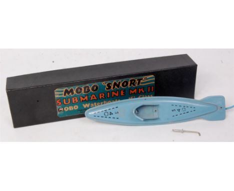 MOBO Waterboats, Snort Submarine MkII, blue tinplate body with base metal periscope, blue tubing but no squeeze bulb, with bl