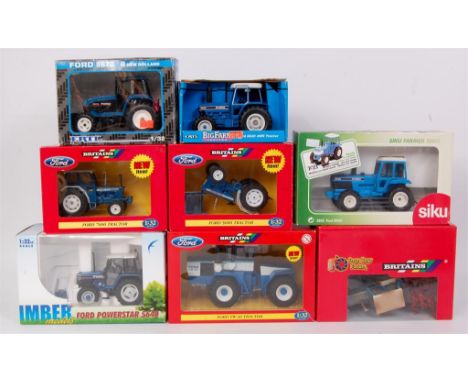 Britains, ERTL and IMBER models 1/32nd scale Ford and New Holland boxed tractor group, 8 examples, to include Britains Ford F