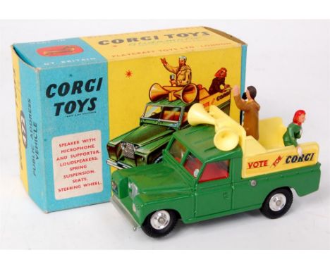 Corgi Toys, 472 Land Rover public address vehicle, green body with yellow back and 2 figures, 'Vote for Corgi' to sides, red 