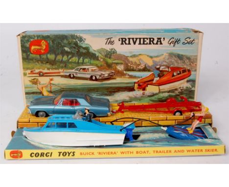 Corgi Toys, gift set 31, Buick Riviera boat set, comprising of metallic blue Buick Riviera with red boat trailer, dolphin cab