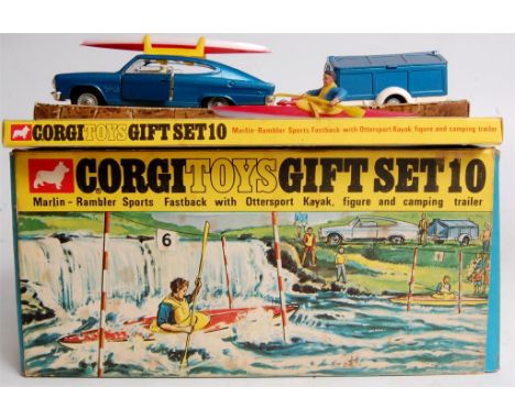 Corgi Toys, gift set 10, Martin Rambler set, comprising of metallic blue and white Martin Rambler Fastback with matching trai