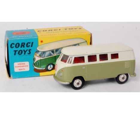 Corgi Toys, 434 Volkswagen Kombi, off-white over khaki green body, with red interior, spun hubs, in the original blue and yel