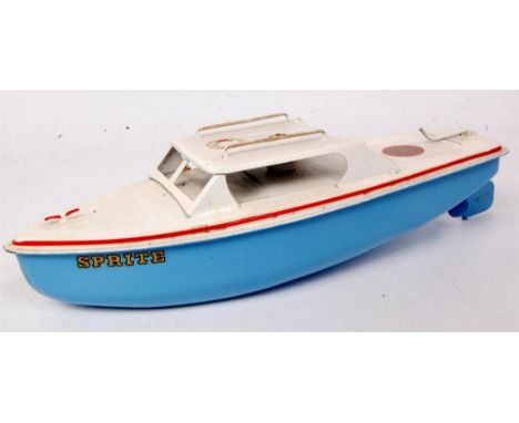Sutcliffe Models, Sprite Day Cruiser, clockwork, light blue hull with white deck and superstructure, red bung with gold detai